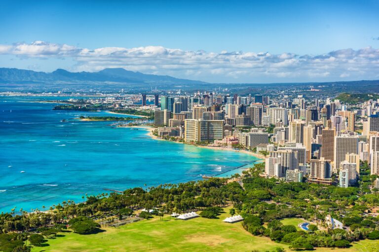 Honolulu city view from Diamond Head lookout, Waikiki beach landscape ...